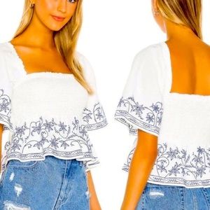 Show Me Your Mumu x Anthropologie Maria Rosalie L White Blue Embroidered Smocked